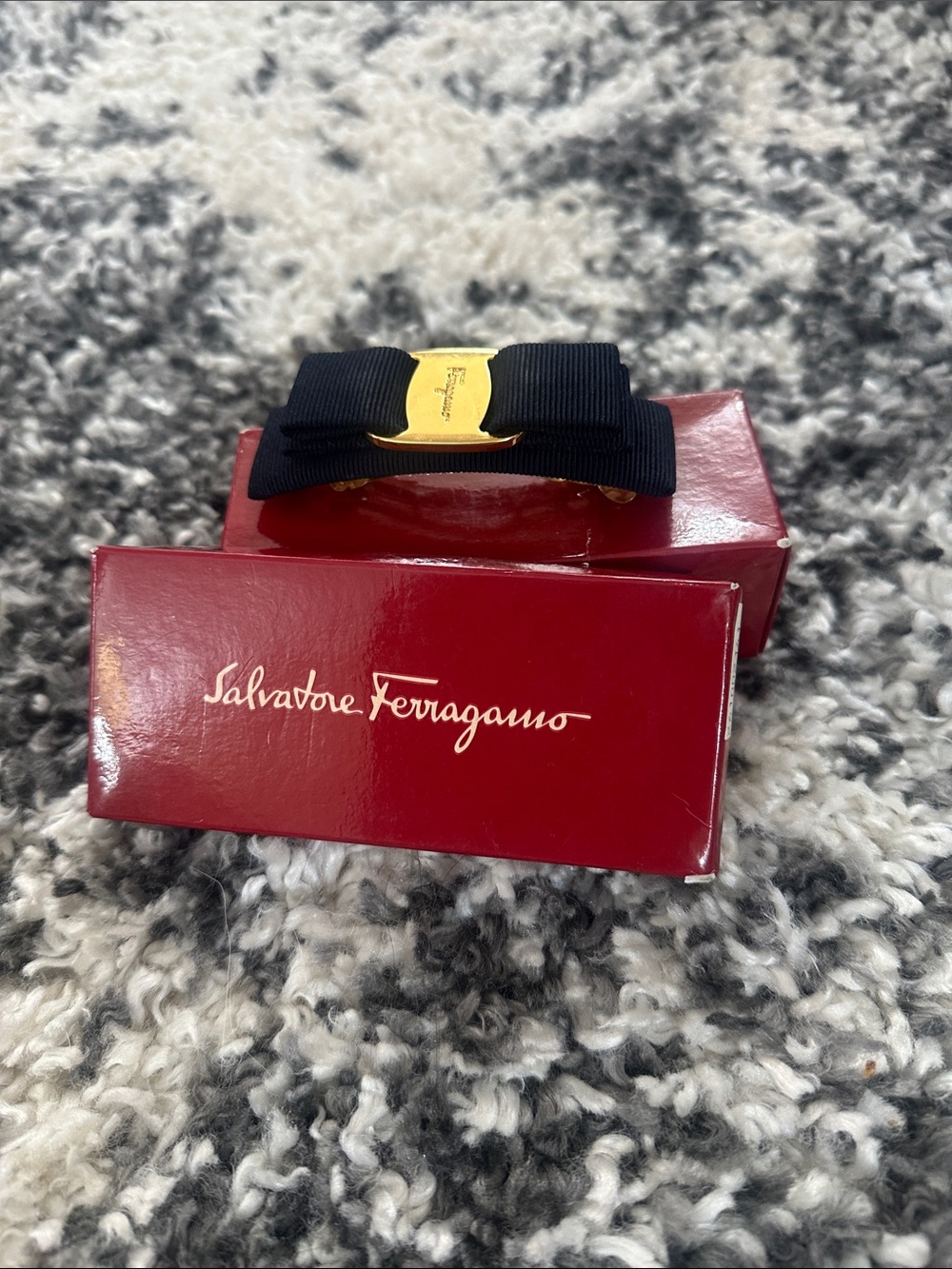 Salvatore Ferragamo Navy Blue Grosgrain Bow Clip with Gold Plaque